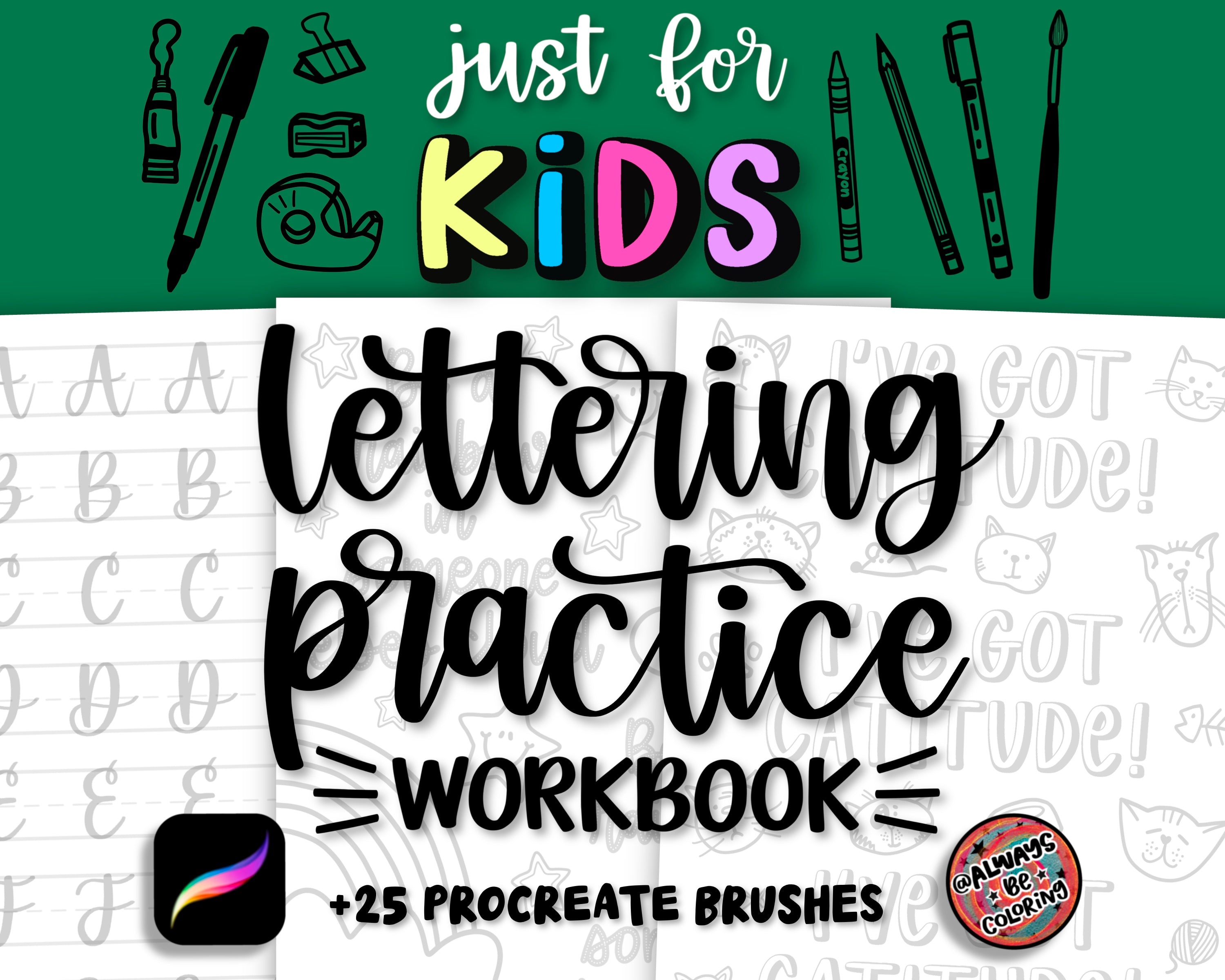 Children Creative Lettering Kids Lettering Practice Workbook for Procreate App or Print